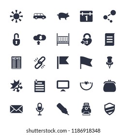 Web icon. collection of 25 web filled icons such as calendar, pen, car, chain, microphone, pin, download cloud, document, paper pin. editable web icons for web and mobile.