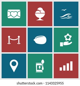 Web icon. collection of 9 web filled icons such as lemon, sea and gull, signal, location pin, atom in hand, fence, ice cream ball. editable web icons for web and mobile.