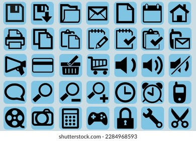 web icon, contact us icon, blog and social media round sign, shopping cart, paper and printer