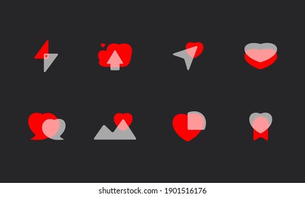 Diseño de iconos Web con efecto de vidrio. Corazones rojos para el Día de San Valentín. Estilo plano. Ilustración vectorial.