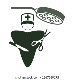 Web icon doctor surgeon preparing for surgery holding a surgical lamp, scalpel and clamp. Medical logo of doctor.