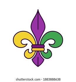 Web-Ikone von Fleur de lis, geraldischer französischer Lilie in traditionellen violetten, grünen und gelben Farbtönen. Symbol von Mardi Gras oder Fat Dienstag - Vektorpiktogramm