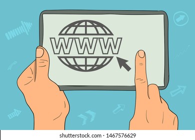 Web icon, internet icon on the tablet. finger points to the screen.
