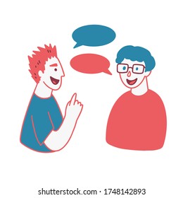Web icon isolated colorful vector illustration. Two men talking conversation, speech bubbles. Human communication, asking questions, getting information. 