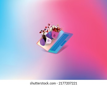 A web icon of a milkshake lemonade and a cup of coffee on a laptop screen. Vector banner
