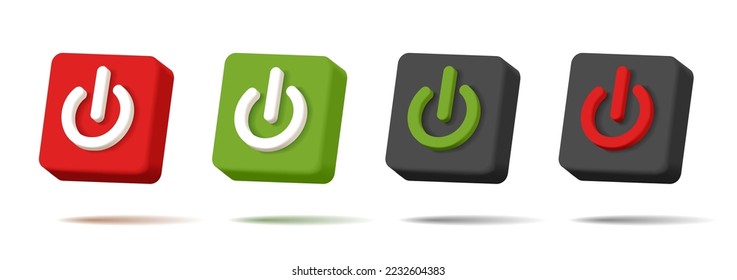 web icon push-button power, square shape with symbol in different colors