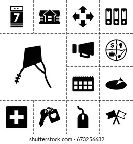 Web icon. set of 13 filled webicons such as house, mouse, heart key, megaphone, calendar 7 date, binder, flag, kite, sundial, marketing, plus, move