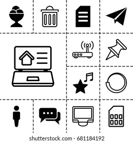 Web icon. set of 13 filled and outline web icons such as man, ice cream ball, favorite music, paper plane, chat, display, delete trash bin, real estate on laptop, router
