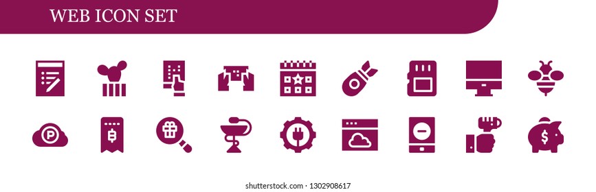  web icon set. 18 filled web icons.  Simple modern icons about  - List, Cactus, Tablet, Smartphone, Calendar, Bomb, Memory card, Computer, Bee, Pc cloud, Invoice, Gift, Pharmacy