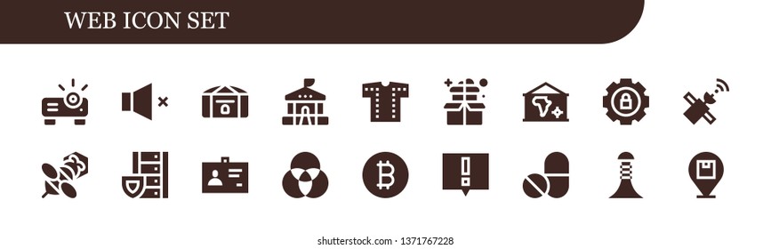 web icon set. 18 filled web icons.  Simple modern icons about  - Projector, Volume, Chest, School, Shirt, Box, Map, Settings, Satellite, Bee, Server, ID, Rgb, Bitcoin, Alert, Pills