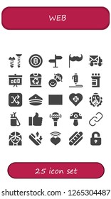  web icon set. 25 filled web icons. Simple modern icons about  - Screw, Bitcoin, Signpost, Moustache, Mail truck, Graphic, Trash, Happiness, d, Medicine, Shuffle, Police hat, Sale