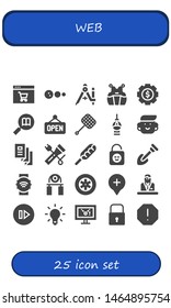 web icon set. 25 filled web icons.  Collection Of - Online shop, Solar system, Compass, Kendo, Settings, Information, Open, Net, Fernsehturm berlin, Avatar, Trifold, Flashlight