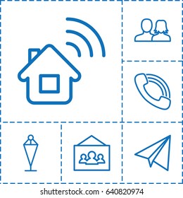 Web icon. set of 6 web outline icons such as paper airplane, man and woman, flag, call, photo