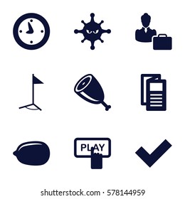 web icon. Set of 9 web filled icons such as Finger pressing play button, Lemon, news, bacteria, woman consultant with case, meat, flag, clock