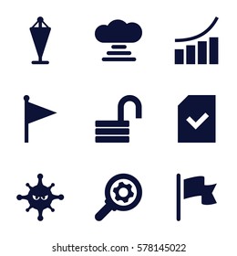 web icon. Set of 9 web filled icons such as flag, graph, opened lock, bacteria, file, gear