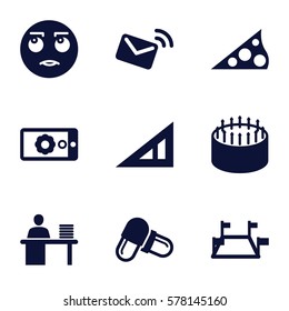 web icon. Set of 9 web filled icons such as triangle ruler, rolling eyes emot, cake, pill, man working at the table, gear on display, mail, sundial