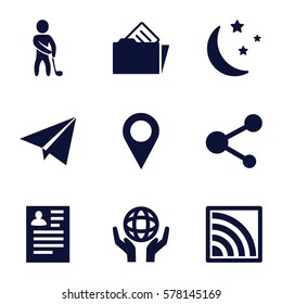 web icon. Set of 9 web filled icons such as resume, holding globe, share, moon and stars, document in folder, wi-fi, golf player, paper plane
