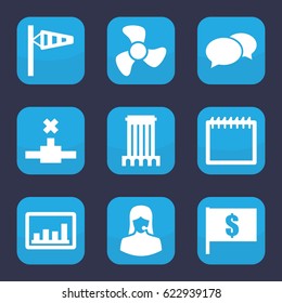 Web icon. set of 9 filled web icons such as wind cone, chat, graph, customer support, building, fan, calendar, flag with dollar