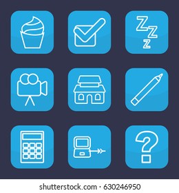 Web icon. set of 9 outline web icons such as laptop connection, cream, pen, camera, tick, house building, calculator, question