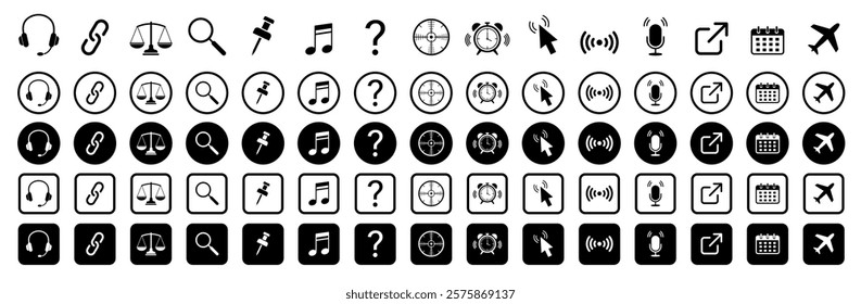 Web icon set. Arrow; airplane; tool; web; calendar; vector; buttons; search; chart; target; headphones; question; chain; email; wifi; vector; clok; note Vector illustration