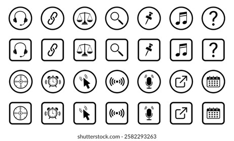Web icon set. Arrow; airplane; tool; web; calendar; vector; buttons; search; chart; target; headphones; question; chain; email; wifi; vector; clok; note Vector illustration