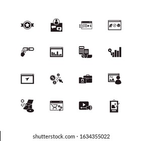 Web icon set and browser compatibility with audio content, blog commenting and admin panel. Management related web icon vector for web UI logo design.