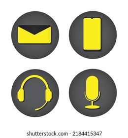 Web icon set, Business card Contact information. yellow and black abstract vector illustration design. ( Mail Envelop, Smart phone, Headset, Mic )