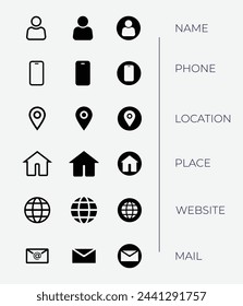 conjunto de iconos web, concepto de icono de tarjeta de visita, símbolo de vector de icono de sitio web para contactarnos