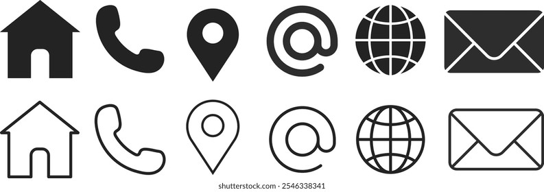 Web icon set. Business card or contact icon set. Home, call, location, website, mail 