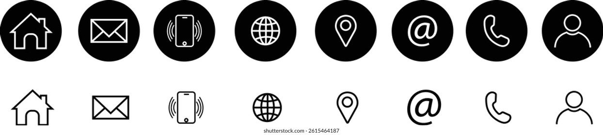 Web icon set. Business vector for company. Website icons. Phone, name, website, address, location, mobile and mail logo symbol sign pack isolated collection. Contact information for business cards.