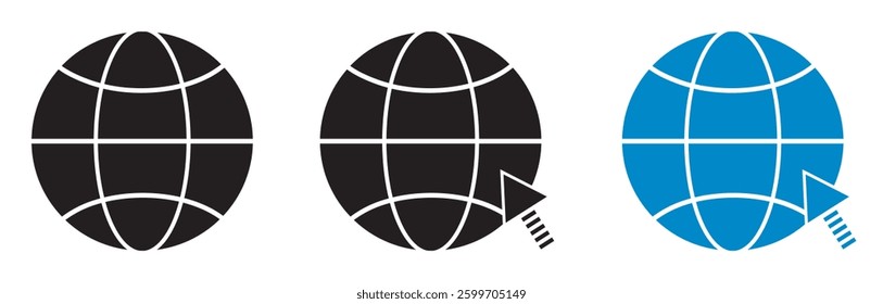 Web icon set, click to go to website. Globe with arrow. Vector illustration.