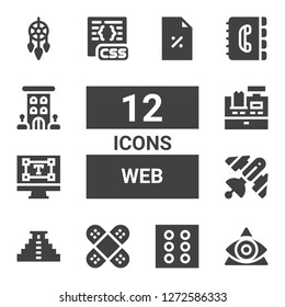 web icon set. Collection of 12 filled web icons included Eye, Dice, Bandage, Teotihuacan, Satellite, Typography, Cashier, Css, Contact book, Hotel, Dreamcatcher, Discount