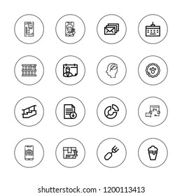 Web icon set. collection of 16 outline web icons with badge, calendar, box, customer service, file, fork, envelopes, ice cream, leaf, keyboard, pie chart, smartphone icons.