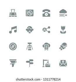 web icon set. Collection of 16 filled web icons included Malware, Maintenance, Directions, Funnel, Ice cream, Cloud data, Corkscrew, Compass, Tulip, Share, Avatar, Note, Blizzard