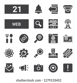 web icon set. Collection of 21 filled web icons included Attention, Food, Photo camera, Megaphone, Envelope, Hot dog, Flood, Search, Setting, Atom, Browser, Vinyl, Cutlery, Broadcast