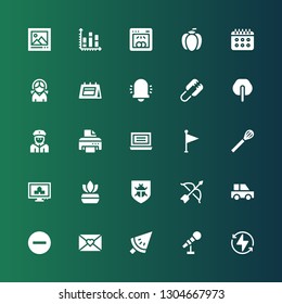 web icon set. Collection of 25 filled web icons included Bolt, Microphone, Watermelon, Letter, Signal, Car, Archery, Antivirus, Fern, Computer, Whisk, Flag, Laptop, Printer, Policeman