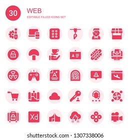 web icon set. Collection of 30 filled web icons included Screwdriver, Laptop, d printer, Barman, Unlock, Mushroom, Coffee, ID, Hot dog, Nuclear, Gamepad, Score, Fingerprint