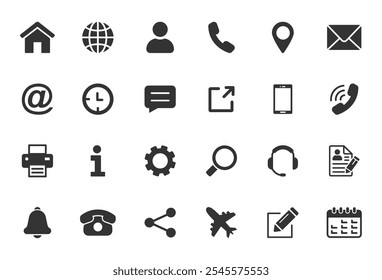 Conjunto de ícones da Web. Coleção de ícones de contatos e sites. Casa, local, chamada, em, email, endereço, globo, bate-papo, mensagem, correio, telefone, informações, suporte, pesquisa, site, ícone. Contacte-nos ícones.