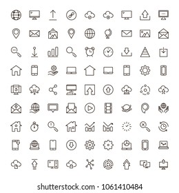 Web icon set. Collection of high quality outline website pictograms in thin line style. Black internet symbol for web design and mobile app on white background. Social media line logo.