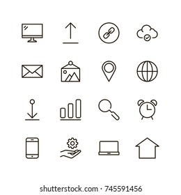 Web icon set. Collection of high quality outline website pictograms in modern flat style. Black internet symbol for web design and mobile app on white background. Social media line logo.