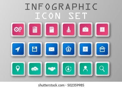 Web icon set. Colorful signs and buttons web collection  with shadows on a gray background