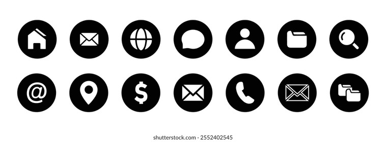 Conjunto de ícones da Web. Ícones de contato e da Web definidos. conjunto de ícones do curriculum vitae do cartão de visita da conexão da empresa. Telefone, site, endereço, localização e símbolo de correio.. Vetor de ícone do conjunto de sites..