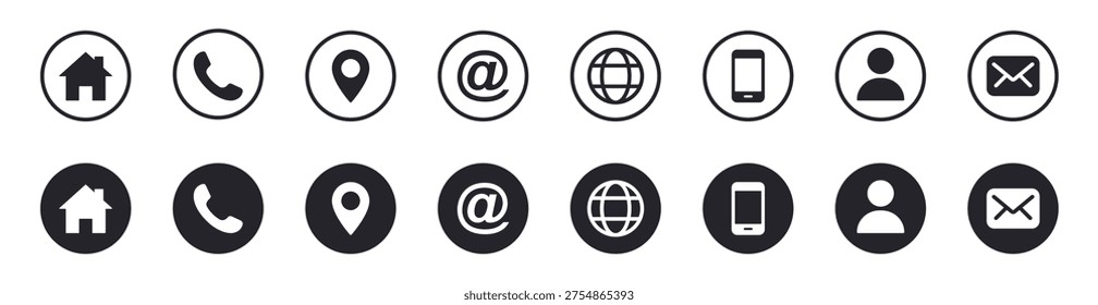 Web icon set. Contact symbols. Home, phone, mail, address, website icons. Vector illustration