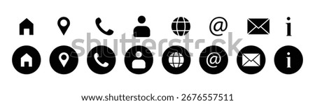 Web icon set. Contact us icons. Home, location, phone, user, globe, at, email, info icon. set of website icons, vector. Communication symbol.