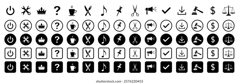 Web icon set. Crown, tool, question, cup, note, fork, knife, pin, scissors, megaphone, download, money, dollar, scales.  Website set icon vector.