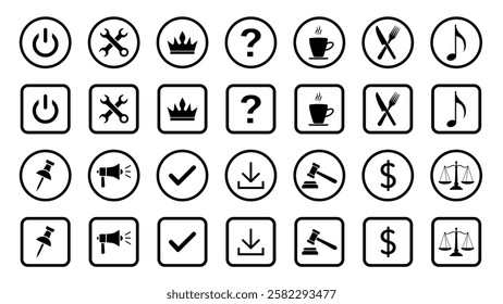 Web icon set. Crown, tool, question, cup, note, fork, knife, pin, scissors, megaphone, download, money, dollar, scales.  Website set icon vector.