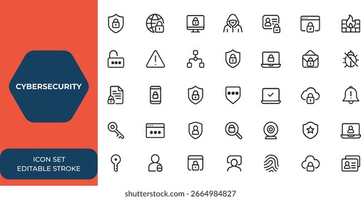Conjunto de iconos de Web de ciberseguridad en estilo de línea. Incluye protección de datos, seguridad de la red, piratería informática, privacidad, tecnología segura, información personal, seguridad digital, golpes editables y más.