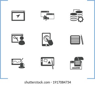 Web icon set and digital graphic with pingback, touchscreen and freelance work. Information related web icon vector for web UI logo design.