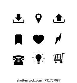 Web icon set. Download, location, upload, favorite, thunder, phone, light bulb and shopping chart icon