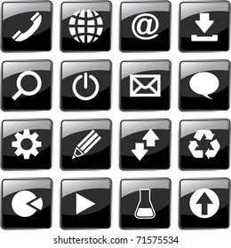 Web icon set - email, phone, download, start, play. Black button set for online.